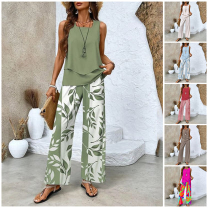 🔥 Hot Sale 53%OFF🌺Ensemble 2 pièces à imprimé tendance pour femmes - Top et pantalon sans manches