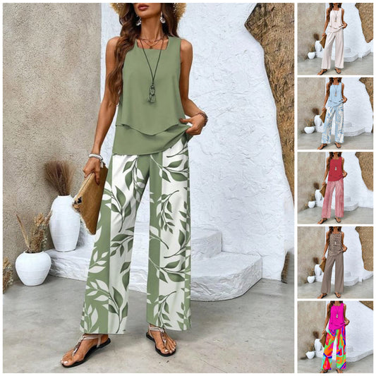 🔥 Hot Sale 53%OFF🌺Ensemble 2 pièces à imprimé tendance pour femmes - Top et pantalon sans manches