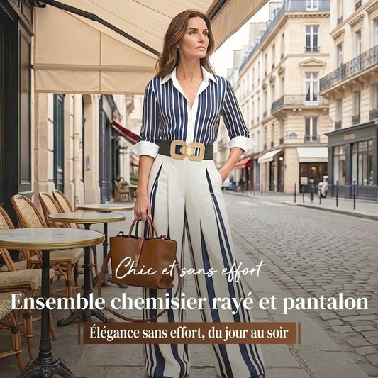 👚 50% DE RÉDUCTION! 🔥 Ensemble 2 Pièces pour Femme – Chemise Rayée & Pantalon Large, Look Décontracté, Tissu Léger & Parfait Pour L'Été 🌸