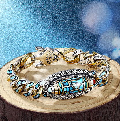 ✨Neun-Augen-Dzi-Armband mit Mantra mit sechs Charakteren in Türkis✨