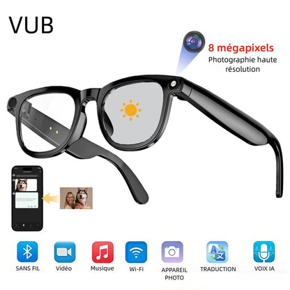 Lunettes caméra AI Smart 4K, vidéos HD 1080P, verres photochromiques, ultra grand-angle anti-vibration, enregistrement Vlog, traduction IA, assistant vocal IA, oreilles libres, transmission Wi‑Fi, contrôle de la musique