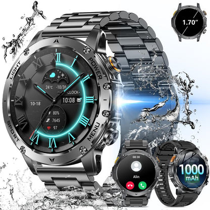 Montre connectée pour homme de style militaire avec batterie de 1 100 mAh, écran AMOLED de 1,7 pouces, lampe torche LED, étanchéité IP68, montre de sport avec fonction téléphone, plus de 110 modes sportifs, suivi de la fréquence cardiaque et du somme