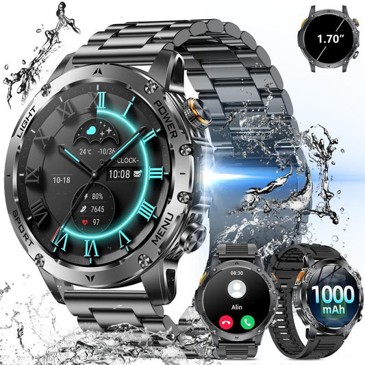 Montre connectée pour homme de style militaire avec batterie de 1 100 mAh, écran AMOLED de 1,7 pouces, lampe torche LED, étanchéité IP68, montre de sport avec fonction téléphone, plus de 110 modes sportifs, suivi de la fréquence cardiaque et du somme