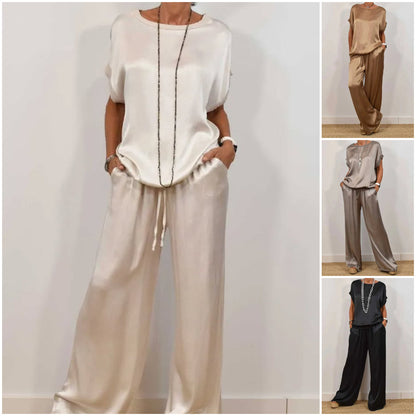 🔥Nouveauté 2025🔥Ensemble 2 pièces - Top et pantalon à manches courtes en satin pour femmes