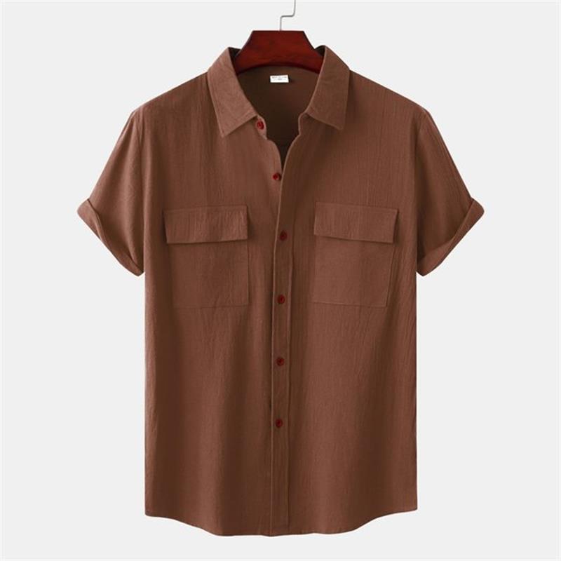 Camicia a maniche corte da uomo in cotone e lino tinta unita-7