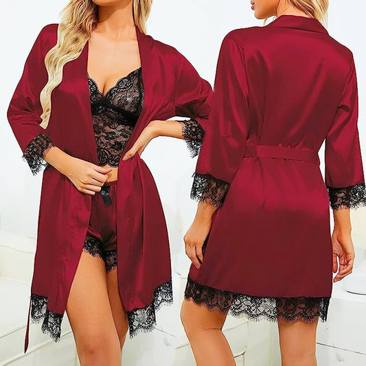 🔥 DERNIER JOUR DE VENTE 49 % DE RÉDUCTION 🔥 Ensemble de 4 ensembles de pyjamas en satin et dentelle pour la Saint-Valentin 🌹