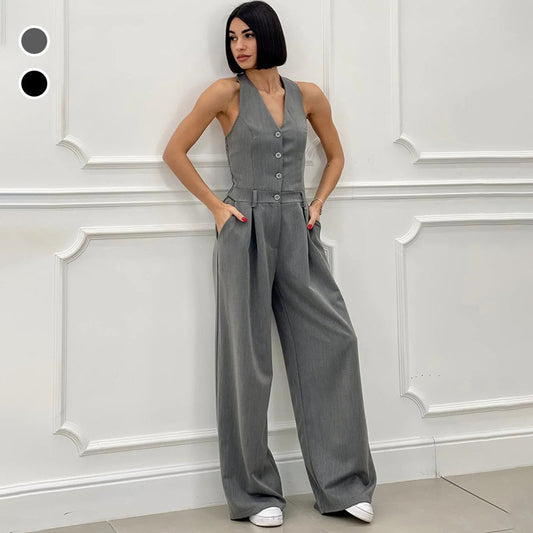 ⏳Durée limitée -50 %💥Combinaison boutonnée sans manches à jambe large pour femme
