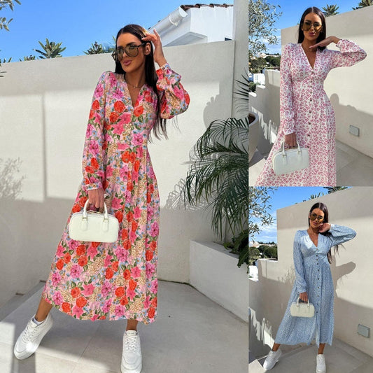 ✨Hot Sale 49% Off🌸Robe fleurie tendance à manches longues, accentuant la taille, avec col en V et patte de boutonnage