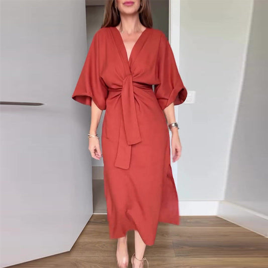 🌷49% de réduction🍃Robe élégante pour femme avec laçage à la taille, fente latérale et col en V✈️ Livraison gratuite