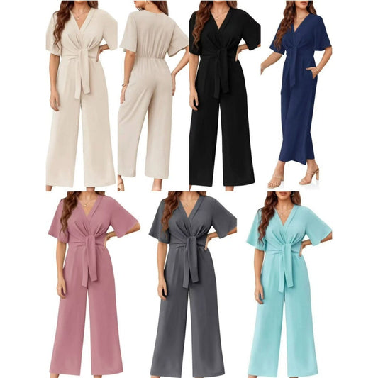 Combinaison élégante à col en V et jambes larges pour femme avec ceinture nouée