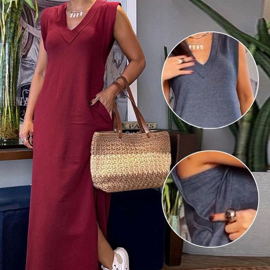 🔥Nouvelle vente à chaud❤️‍🔥Robe longue fendue sans manches à col en V pour femme