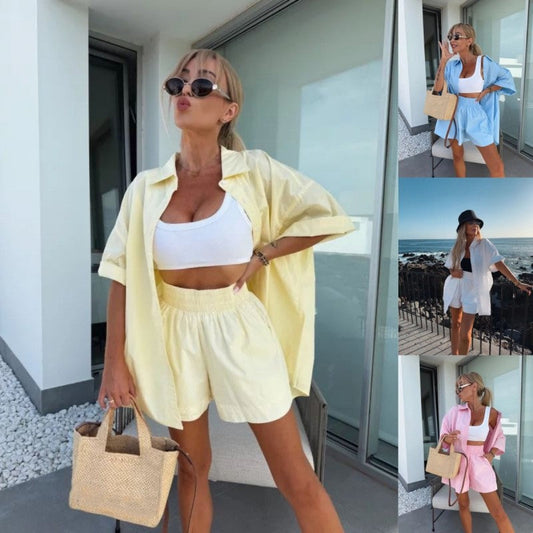 Ensemble 2 pièces chemise à manches courtes et short taille haute de couleur unie vibrante