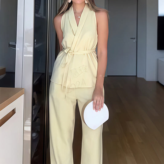 ✨2025 new🌸Ensemble 2 pièces haut sans manches à col en V et pantalon droit