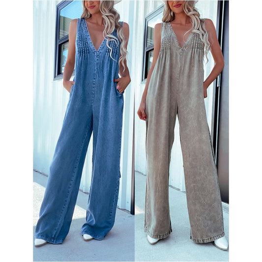 💓50 % DE RÉDUCTION💥Combinaison sexy en jean délavé à col en V et sans manches avec dos ouvert