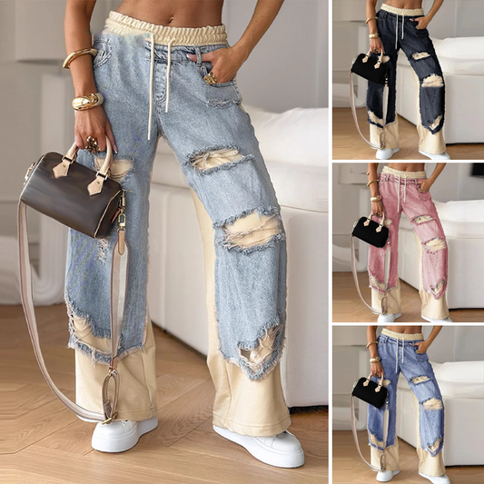 Pantalon large à cordon élastique en denim patchwork