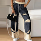 Pantalon large à cordon élastique en denim patchwork