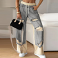 Pantalon large à cordon élastique en denim patchwork