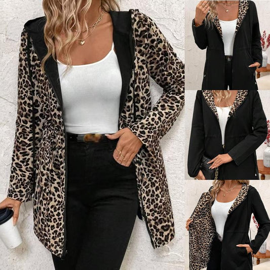 🍂Soldes d'automne 49 %💗Manteau réversible à capuche imprimé léopard