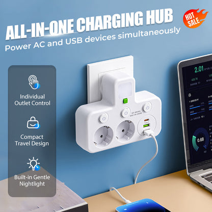 🔌 Adaptateur Prise EU 4-en-1 avec Interrupteurs Indépendants & Veilleuse Intégrée