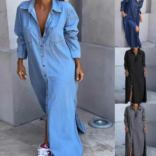 ❤️Robe chemise longue en denim limoné à boutons pour femme