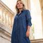 ❤️Robe chemise longue en denim limoné à boutons pour femme
