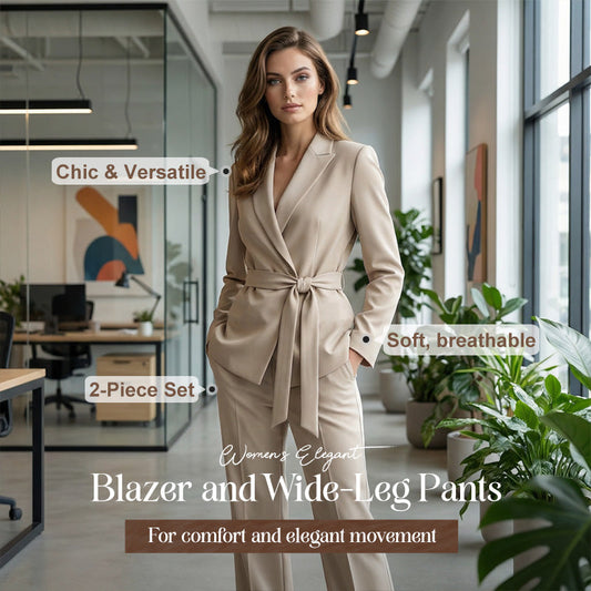Ensemble élégant pour femme composé d'un blazer à taille nouée et d'un pantalon à jambes larges✈️ livraison gratuite