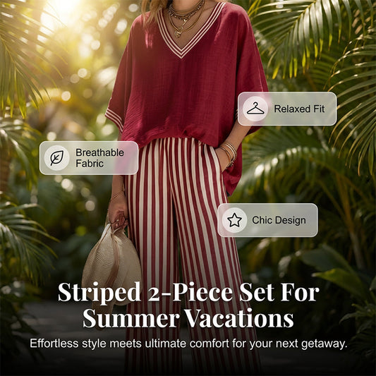 Women's Casual V-Neck Striped 2-Piece Set