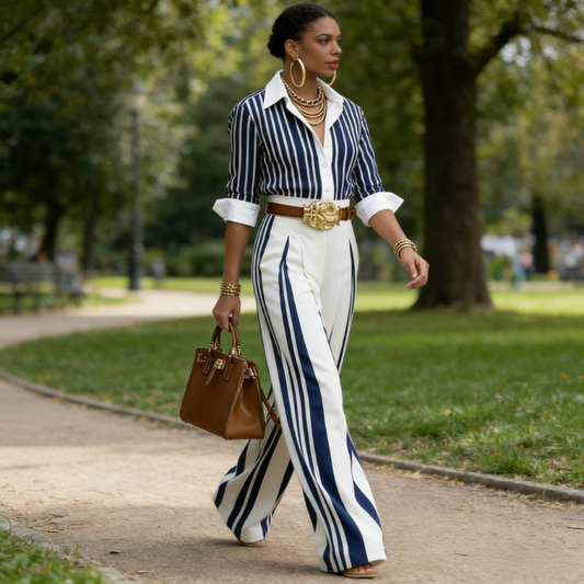 👚 50% DE RÉDUCTION! 🔥 Ensemble 2 Pièces pour Femme – Chemise Rayée & Pantalon Large, Look Décontracté, Tissu Léger & Parfait Pour L'Été 🌸