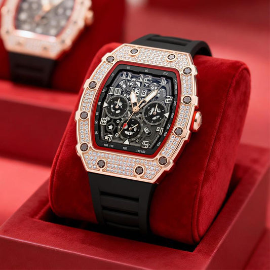 ⌚ Édition limitée – 50 % de réduction ! ✨ Montre de luxe pour homme, forme tonneau, ornée de strass