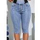 Pantalon capri en jean taille haute pour femme, taille élastiquée, coupe courte