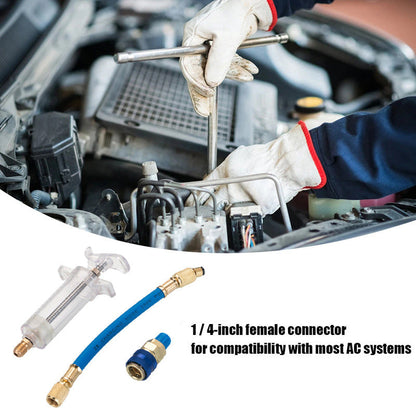 🔧❄️ PROMO -60% ! Injecteur Colorant & Huile Climatisation Auto – Laiton Premium Haute Résistance, Tuyau 2500 PSI, Raccord Rapide R134a, Corps Transparent Gradué · 230g ✨