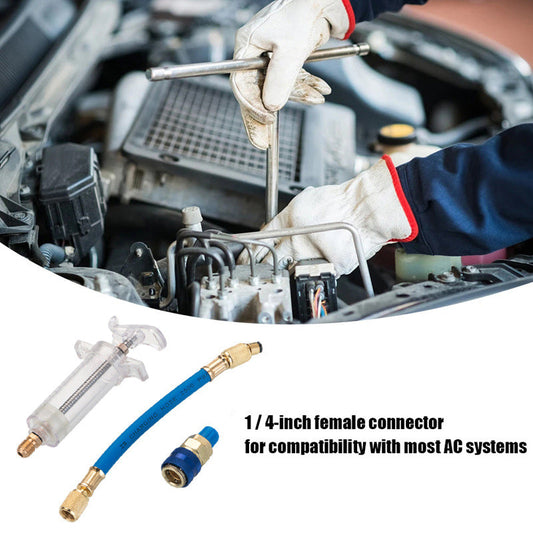 🔧❄️ PROMO -60% ! Injecteur Colorant & Huile Climatisation Auto – Laiton Premium Haute Résistance, Tuyau 2500 PSI, Raccord Rapide R134a, Corps Transparent Gradué · 230g ✨
