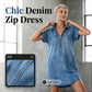 ⌛Offre à durée limitée – Robe-chemise décontractée en jean pour femme, coupe ample, revers, manches courtes, fermeture éclair et poches