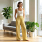 Pantalon pour femme à taille froncée et motif vichy rayé