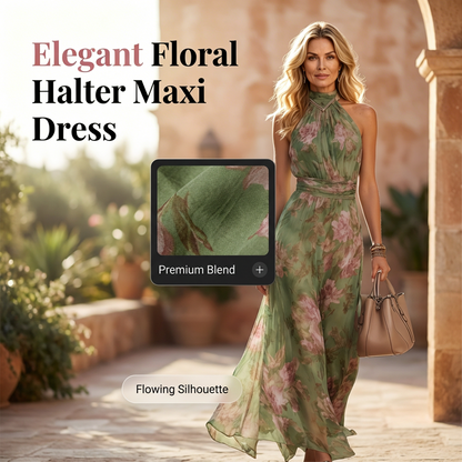 🌸 50% DE RÉDUCTION! 👗 Robe Maxi Élégante à Imprimé Floral & Col Halter – Tissu fluide, coupe flatteuse & style bohème – Parfaite pour l'été, les vacances & les soirées ☀️