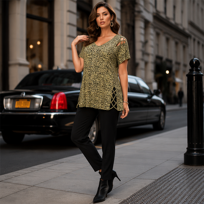 T-shirt ample à col en V imprimé léopard pour femme