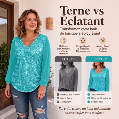 ✨ Top Femme à Col V en Sequins – Élégant, Féminin & Raffiné
