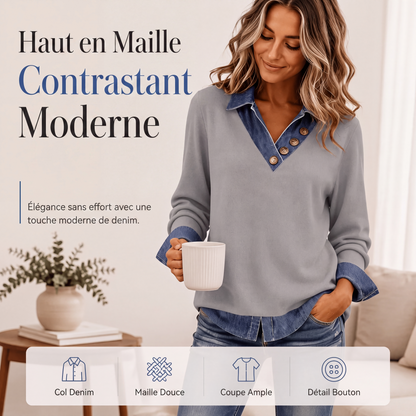 Haut décontracté à manches longues avec patchwork pour femmes