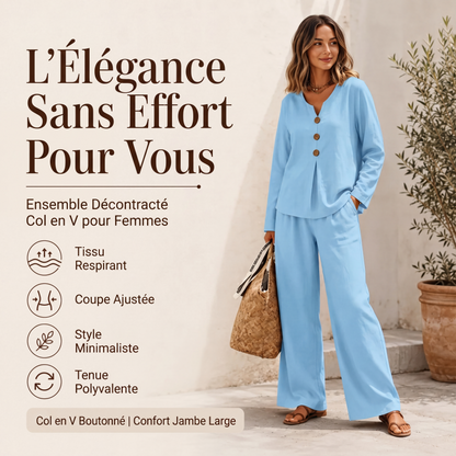 Ensemble pour femme : haut à col V à manches longues et pantalon large