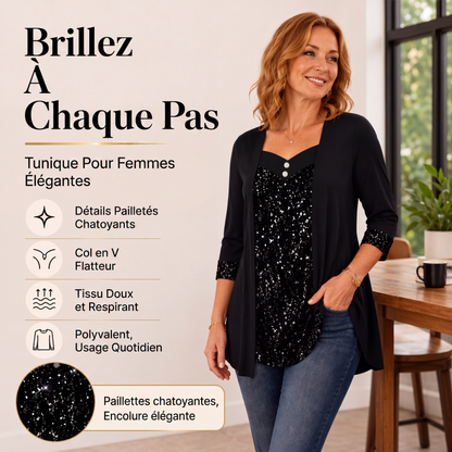 Haut féminin à paillettes et patchwork, style faux deux-pièces