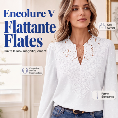 Blouse Femme à Col V avec Détails en Dentelle