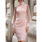 Robe Midi Femme à Col Montant & Manches Transparentes