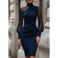 Robe Midi Femme à Col Montant & Manches Transparentes