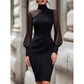 Robe Midi Femme à Col Montant & Manches Transparentes