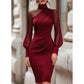 Robe Midi Femme à Col Montant & Manches Transparentes