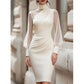 Robe Midi Femme à Col Montant & Manches Transparentes