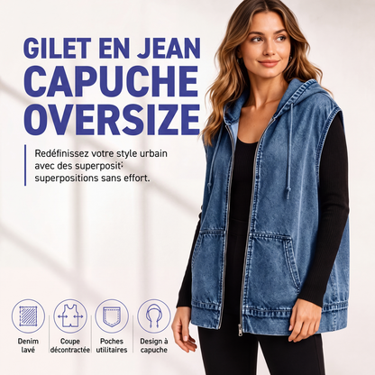 Veste sans manches à capuche en jean décontractée pour femme