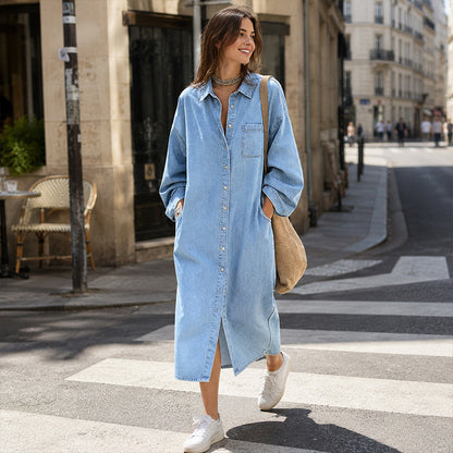 🌸 OFFRE LIMITÉE –50% ! ✨ Robe chemise en jean décontractée et ample pour femme