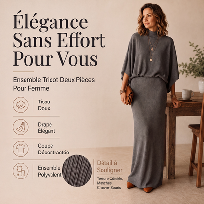 🌸 OFFRE LIMITÉE –50% ! ✨ Ensemble haut à manches chauve-souris et jupe longue pour femme