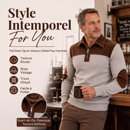 📢📢50 % DE RÉDUCTION !! ⏰ Pull en maille velours côtelé à col demi-zip pour homme